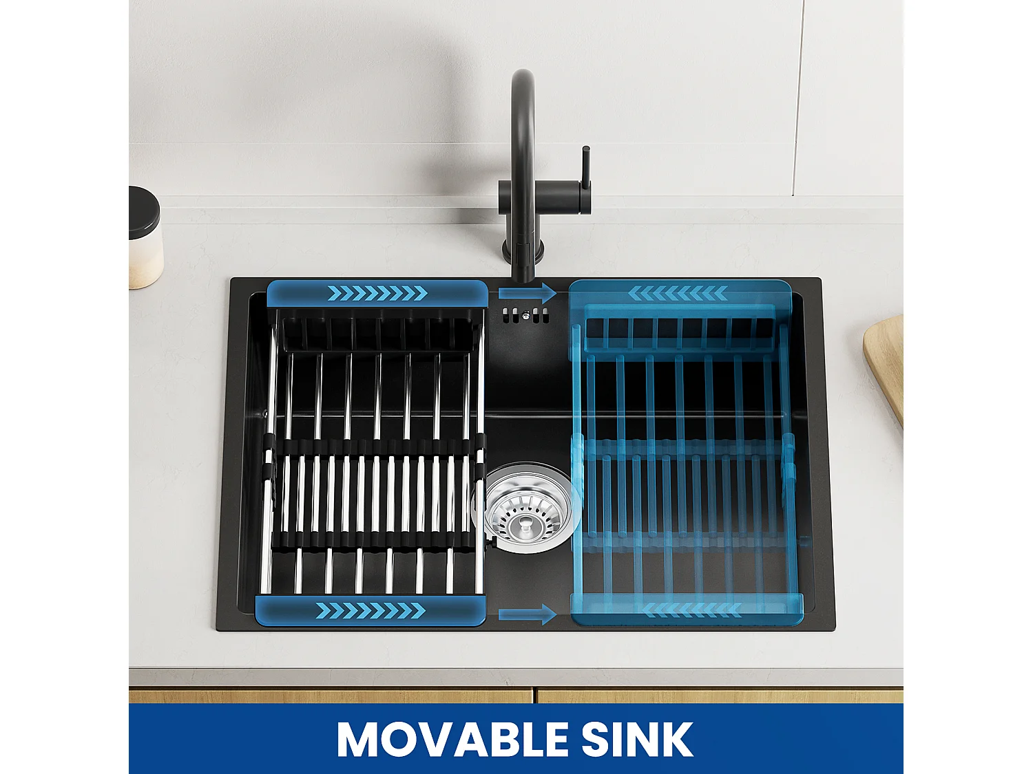 Auralum max Fregadero de 1 seno 60 x 44 x 20 cm,Fregadero de 1 seno inoxidable 304, Fregadero bajo encimera y bajo encimera con escurridor,Gris-Negro