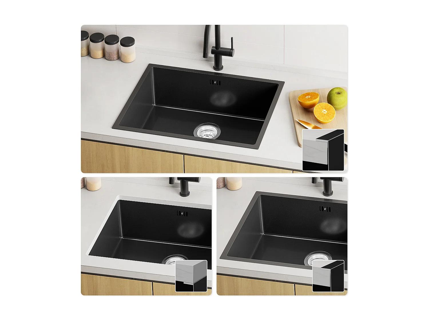 Auralum max Fregadero de 1 seno 60 x 44 x 20 cm,Fregadero de 1 seno inoxidable 304, Fregadero bajo encimera y bajo encimera con escurridor,Gris-Negro