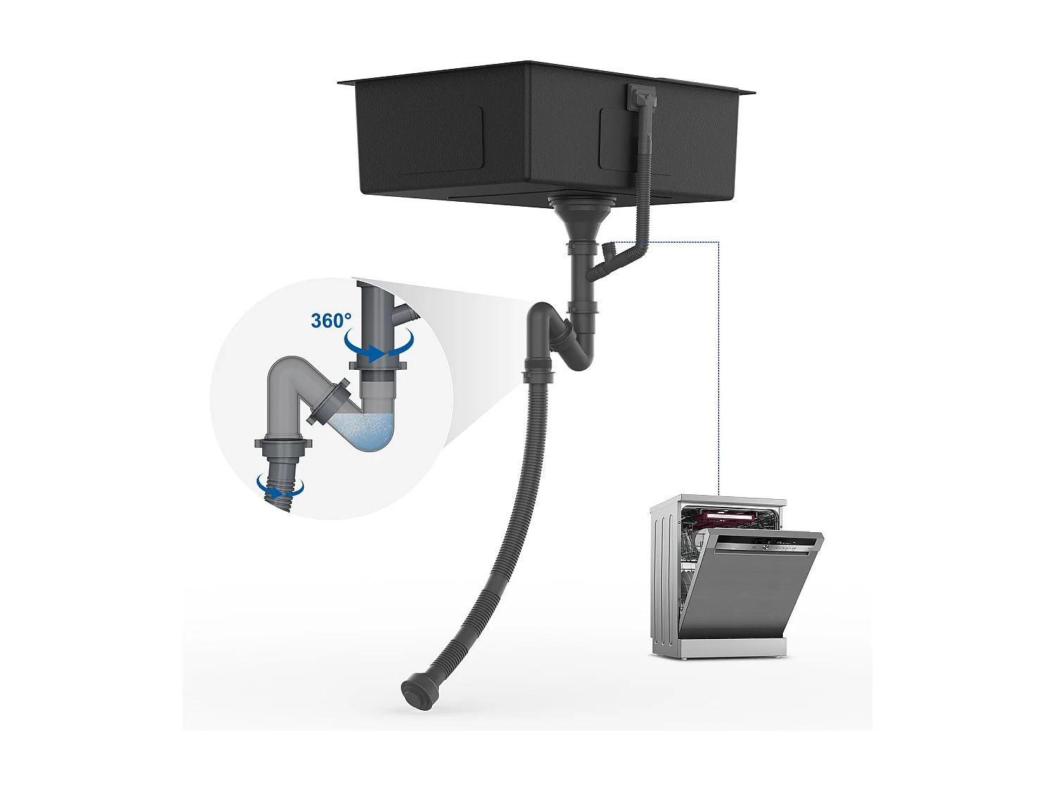 Auralum max Fregadero de 1 seno 60 x 44 x 20 cm,Fregadero de 1 seno inoxidable 304, Fregadero bajo encimera y bajo encimera con escurridor,Gris-Negro