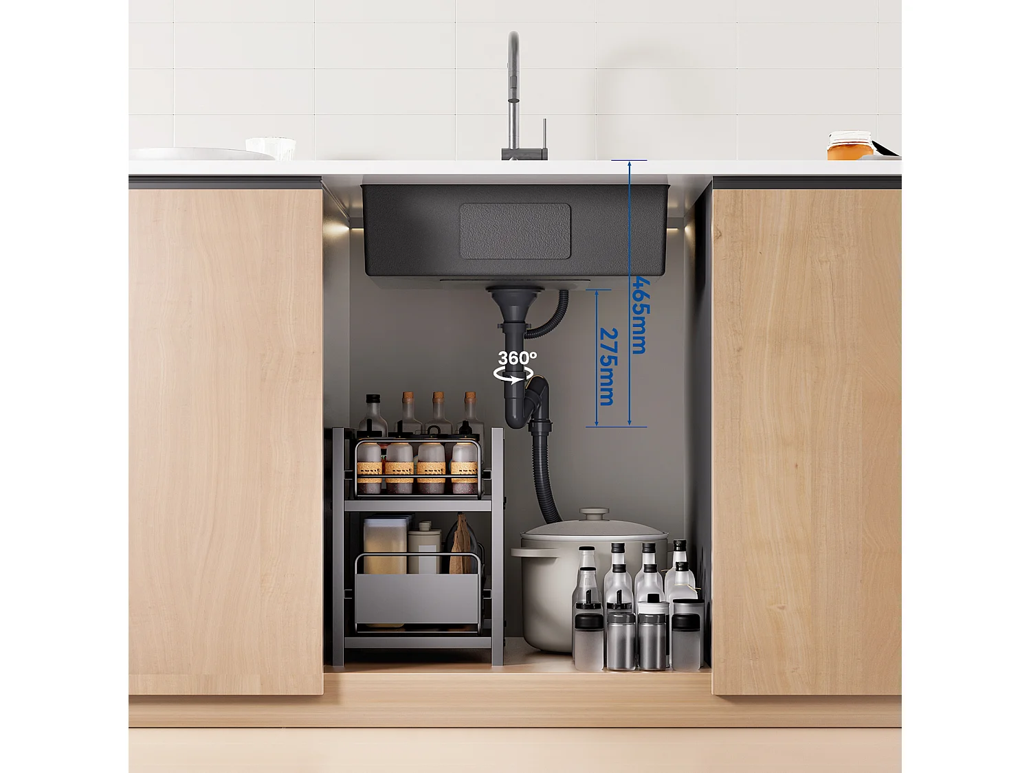 Auralum max Fregadero de 1 seno 60 x 44 x 20 cm,Fregadero de 1 seno inoxidable 304, Fregadero bajo encimera y bajo encimera con escurridor,Gris-Negro