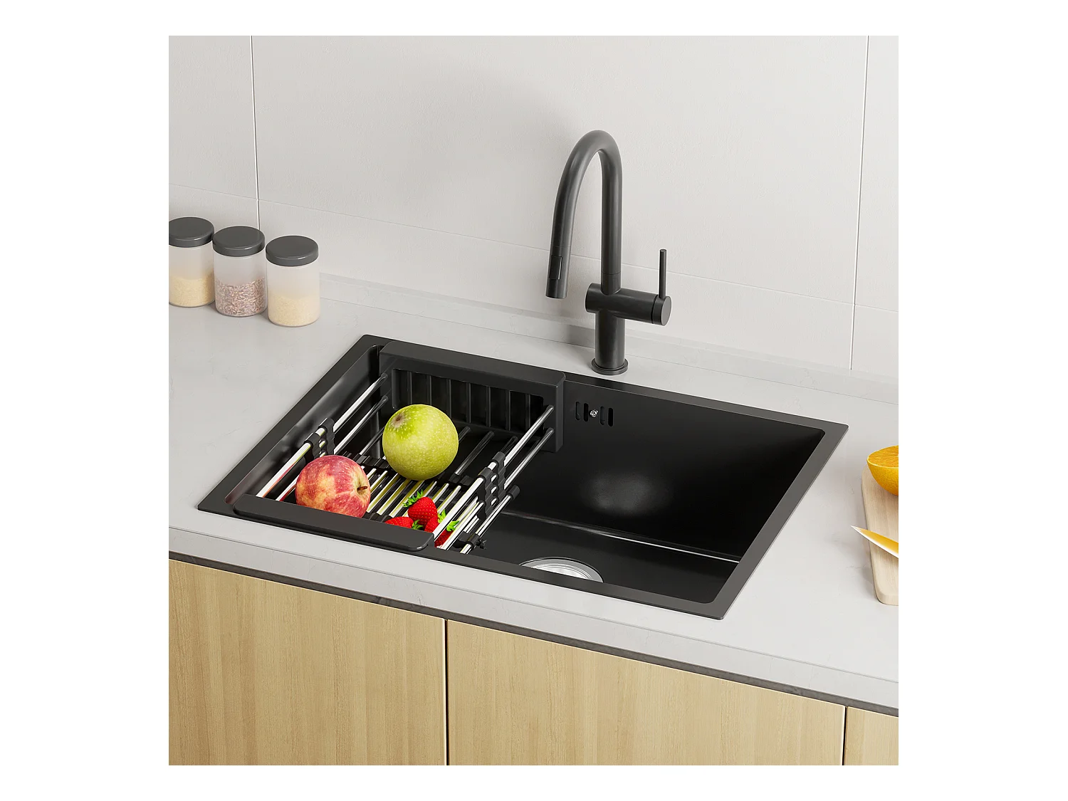 Auralum max Évier de Cuisine 1 Bac 60*44*20CM,Évier 1 Cuve en Acier inoxydable 304,Évier à Encastrer et sous-plan avec Panier de Drainage,Gris-Noir