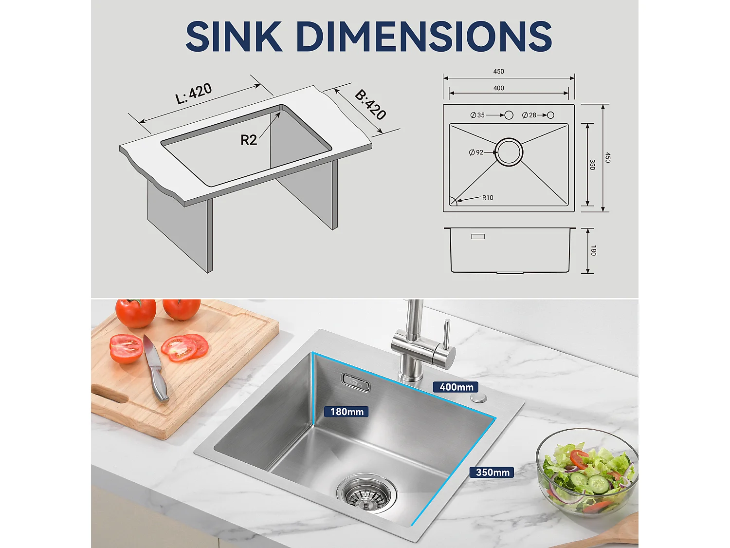 Évier Cuisine 1 Bac 45x45CM Acier Inoxydable 304 ,encastré et à Poser+Robinet de Cuisine Flexible Bec Haut Orientable