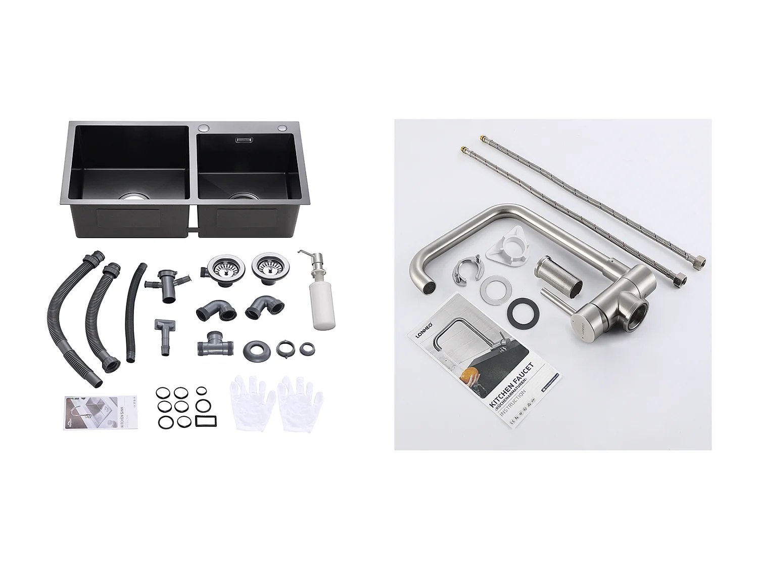 2in1 Küchenspüle 2 Becken, Schwarz, 75x45x19cm, Einbau/Aufputz mit Spülmittelspender + 360° schwenkbare Klapp-Küchenarmatur