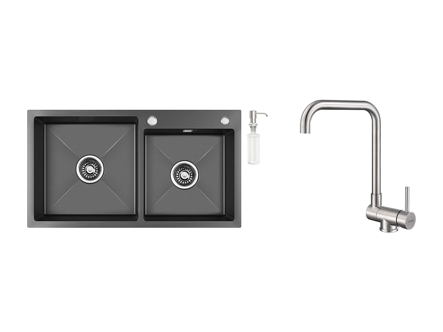 2in1 Aanrecht 2 Bakken ,Zwart,75x45x19cm,Inbouw/ Opbouw met Zeepdispenser+Opklapbare Keukenmengkraan 360° Draaibaar