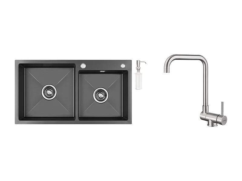 2in1 Aanrecht 2 Bakken ,Zwart,75x45x19cm,Inbouw/ Opbouw met Zeepdispenser+Opklapbare Keukenmengkraan 360° Draaibaar