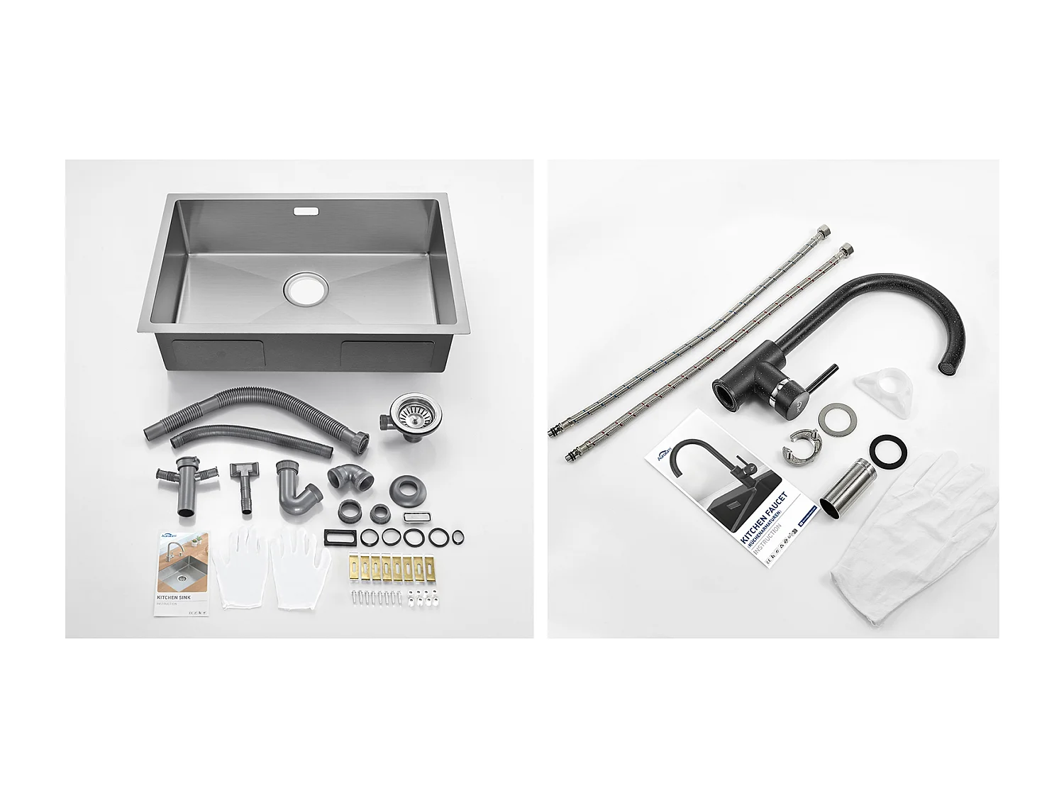 Évier Cuisine 1 Bac 70*44*19CMà Encastrer/Fleur/Sous-Plan,avec Siphon/Trop-Plein+Robinet Cuisine Rotatif 360°Eau Froide Chaude Noir avec points blancs