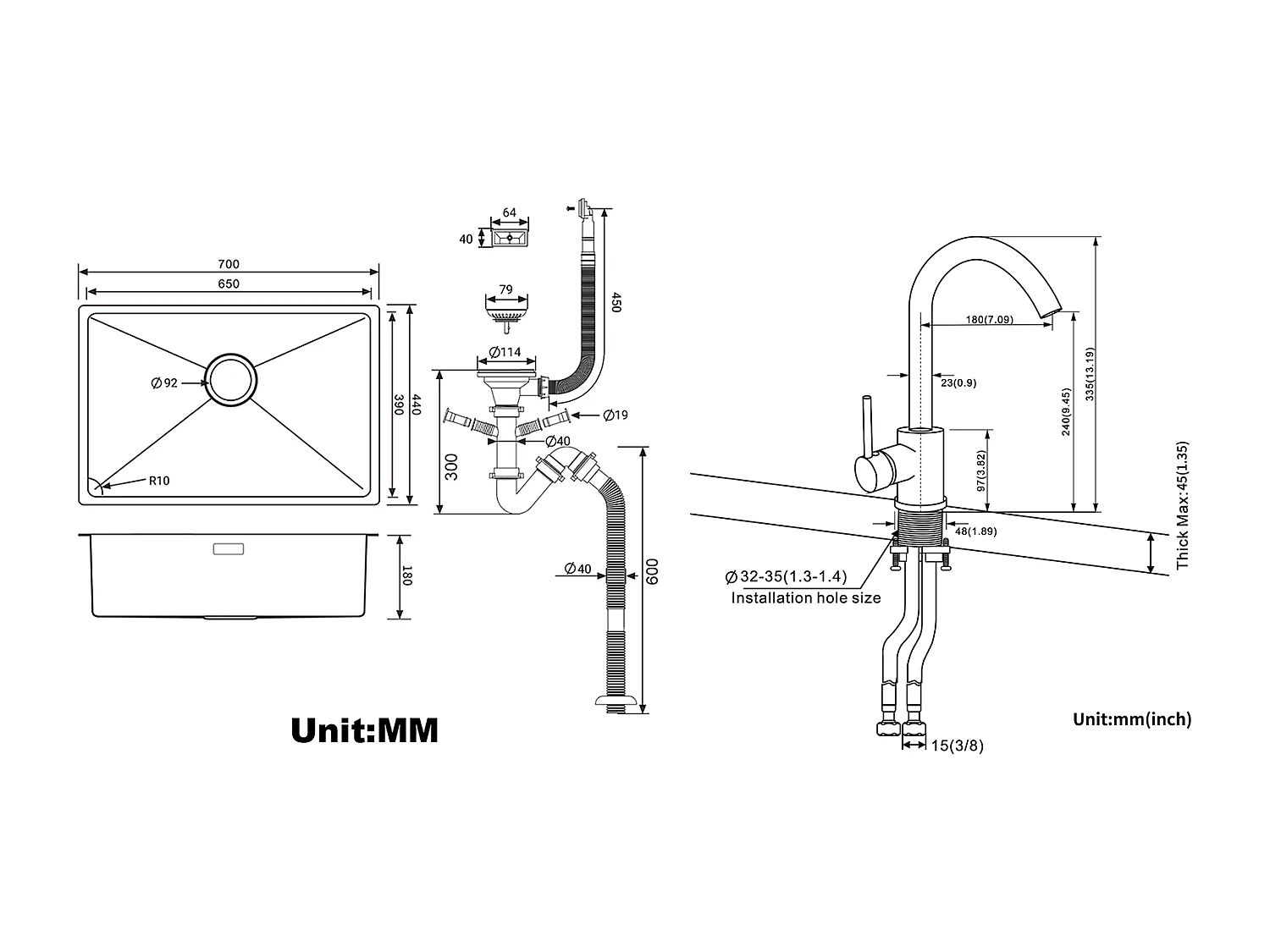 Évier Cuisine 1 Bac 70*44*19CMà Encastrer/Fleur/Sous-Plan,avec Siphon/Trop-Plein+Robinet Cuisine Rotatif 360°Eau Froide Chaude Noir avec points blancs