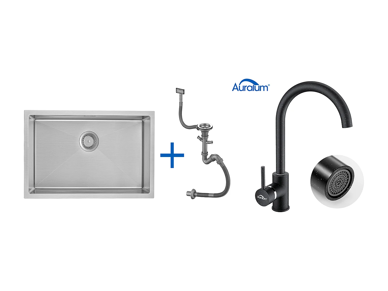 EviEr Keuken 1 Bak 70*44*19CMInbouw/Bloem/Ondergrond,met Sifon/Overloop+Roterende Keukenkraan 360°Warm Koud Water Zwart met witte stippen