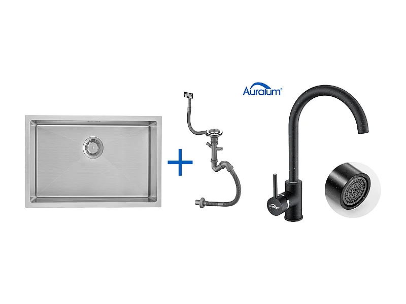 Évier Cuisine 1 Bac 70*44*19CMà Encastrer/Fleur/Sous-Plan,avec Siphon/Trop-Plein+Robinet Cuisine Rotatif 360°Eau Froide Chaude Noir avec points blancs