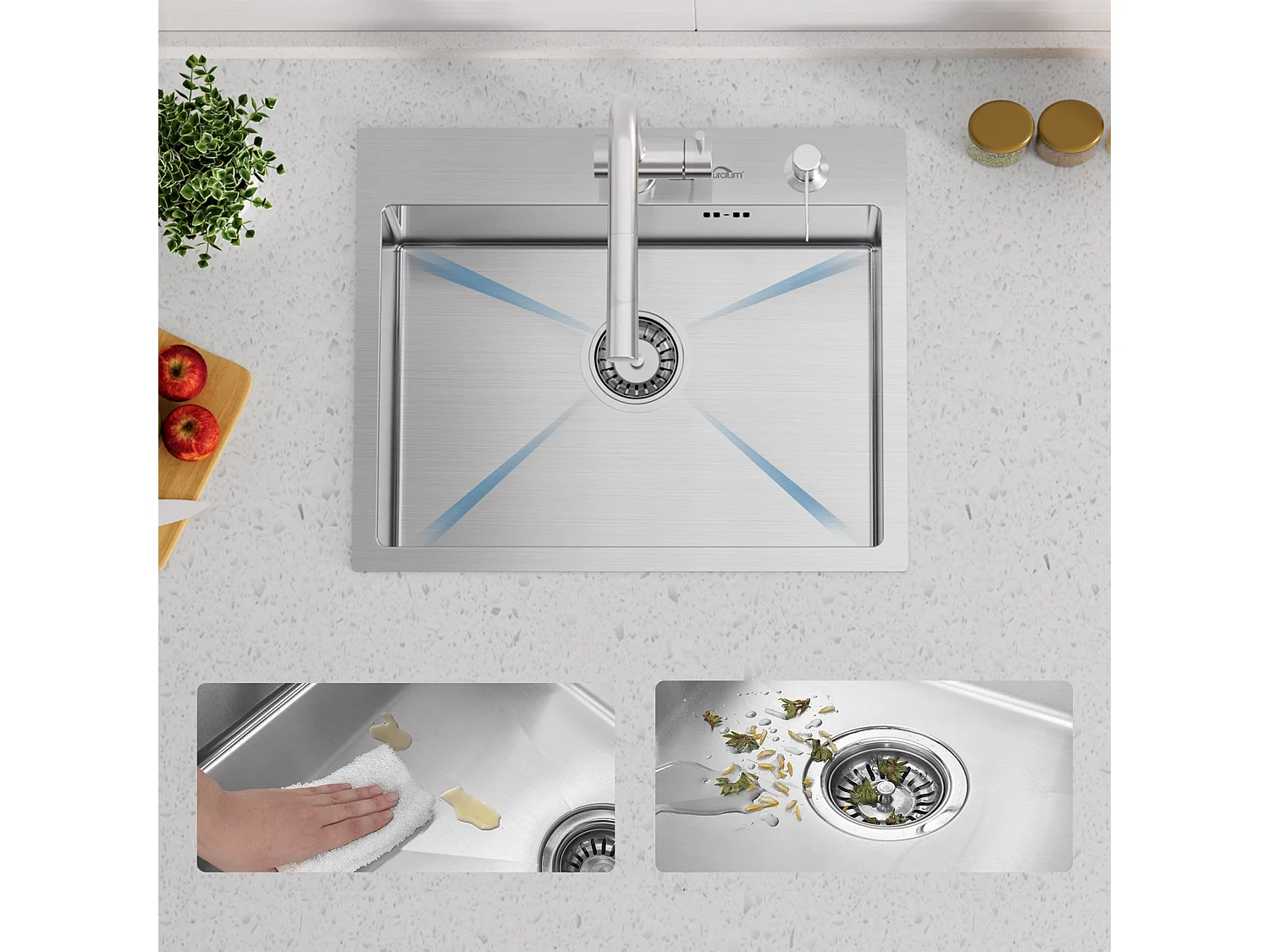 Küchenspüle 1 Becken 55x45CM Einbauspüle mit Seifenspender, Siphon/Überlauf Spüle aus gebürstetem Edelstahl für Tisch ab 60 cm, EU-Modell