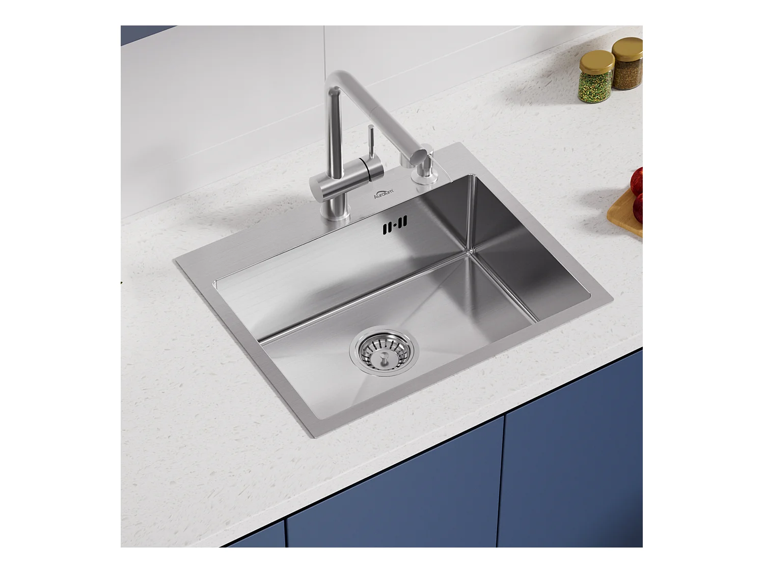 Évier Cuisine 1 Bac 55x45CM Évier à encastrer avec Distributeur Savon,Siphon/Trop-Plein Évier Inox Brossé pour Table à partir de 60 cm,EU Modèle