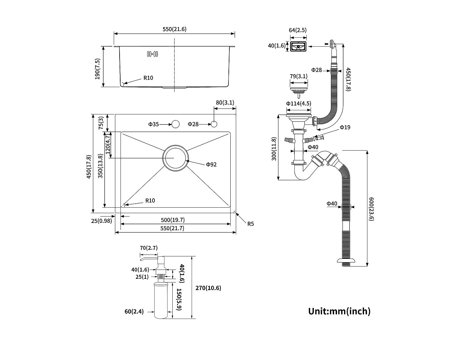 Évier Cuisine 1 Bac 55x45CM Évier à encastrer avec Distributeur Savon,Siphon/Trop-Plein Évier Inox Brossé pour Table à partir de 60 cm,EU Modèle