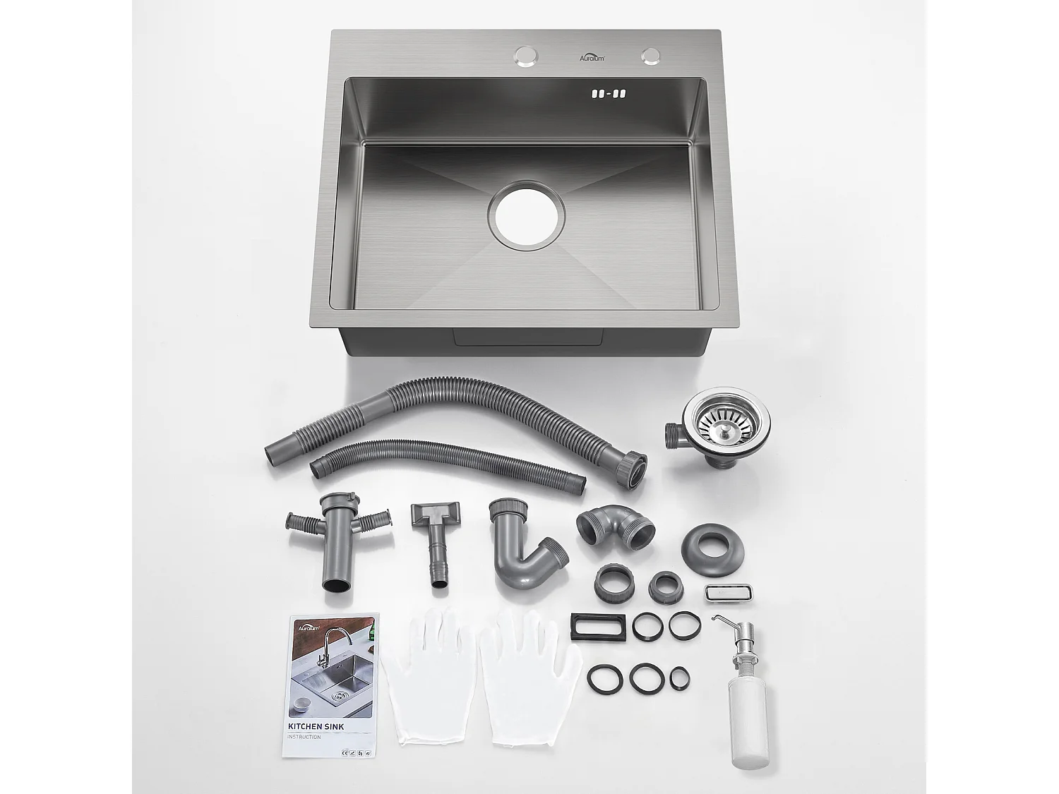 Évier Cuisine 1 Bac 55x45CM Évier à encastrer avec Distributeur Savon,Siphon/Trop-Plein Évier Inox Brossé pour Table à partir de 60 cm,EU Modèle