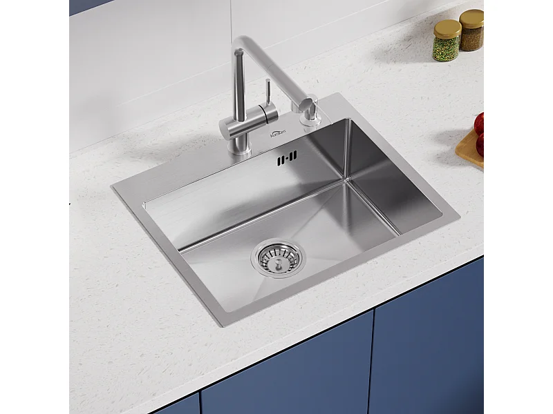 Évier Cuisine 1 Bac 55x45CM Évier à encastrer avec Distributeur Savon,Siphon/Trop-Plein Évier Inox Brossé pour Table à partir de 60 cm,EU Modèle