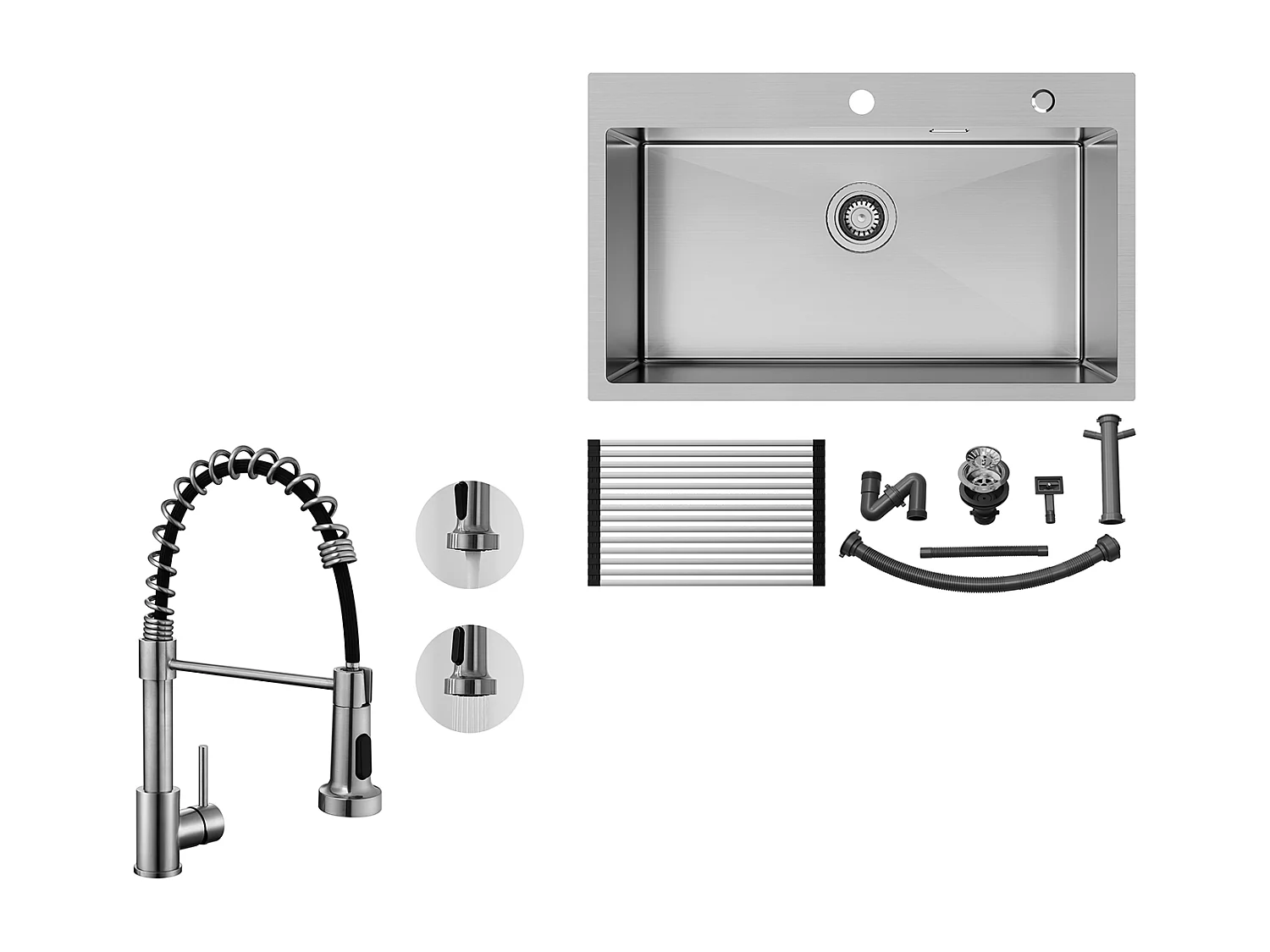 Auralum MAX Évier Cuisine 1 Cuve Inox Brossé75*45*19CM-Évier 1 Bac avec Égouttoir pliable+Robinet Cuisine à Ressort avec Douchette Extensible,Brossé