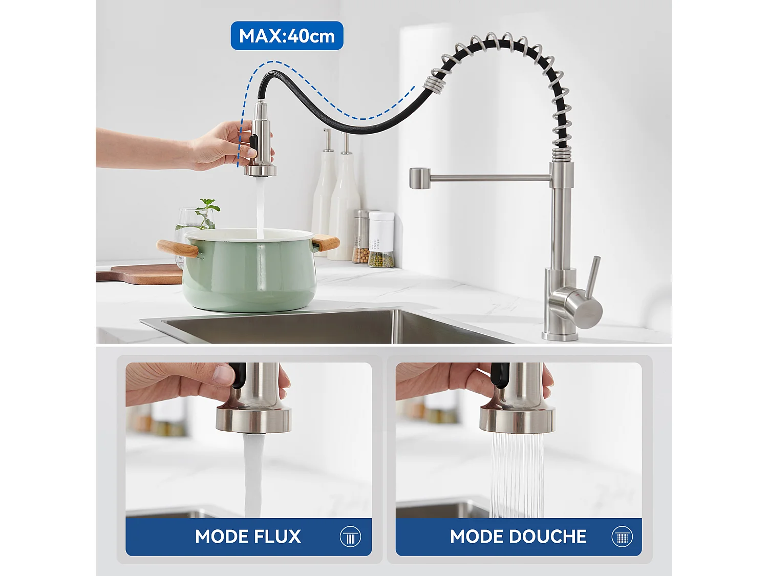 Auralum MAX Évier Cuisine 1 Cuve Inox Brossé75*45*19CM-Évier 1 Bac avec Égouttoir pliable+Robinet Cuisine à Ressort avec Douchette Extensible,Brossé