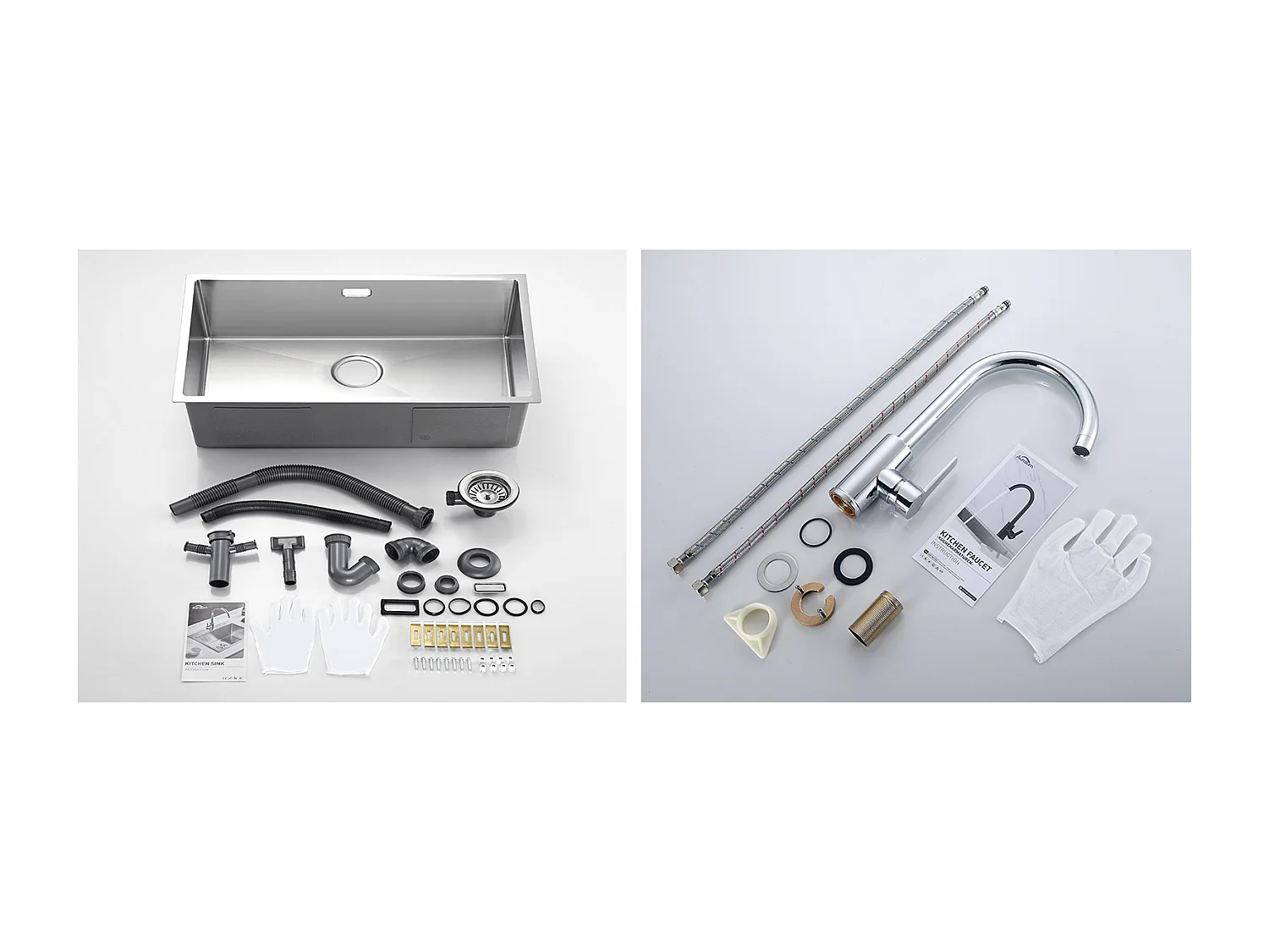 Aanrecht 1Bak 70*44*19CM,Inbouw/Bloem/Ondergrond,met Sifon/Overloop,Geborsteld+ 360° Draaibare Keukenkraan met Warm/Koud Water, Verchroomd