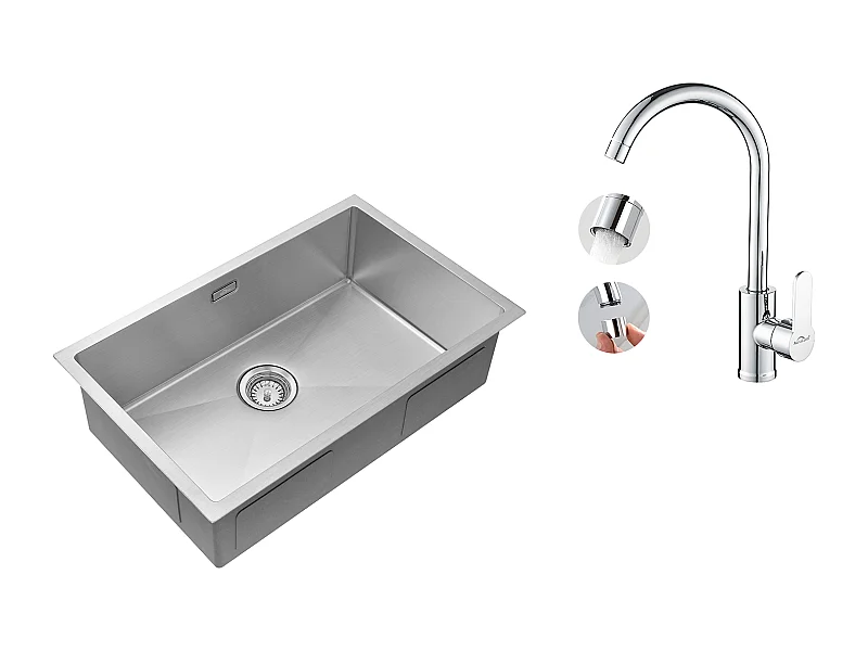 Aanrecht 1Bak 70*44*19CM,Inbouw/Bloem/Ondergrond,met Sifon/Overloop,Geborsteld+ 360° Draaibare Keukenkraan met Warm/Koud Water, Verchroomd