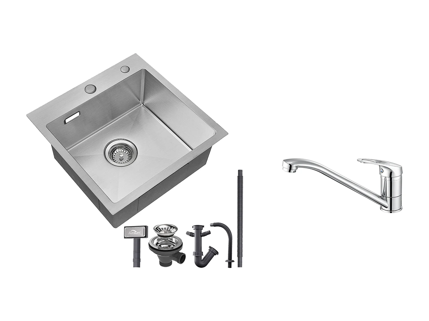 Aanrecht 1 bak 45x45CM RVS 304 ,inbouw en opbouw + keukenkraan, 360° draaibaar, warm/koud water, messing, verchroomd