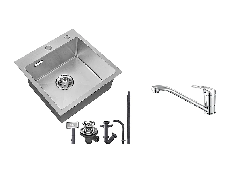 Évier Cuisine 1 Bac 45x45CM Acier Inoxydable 304 ,encastré et à Poser+Robinet Cuisine,Orientable 360°,Eau Chaude/Froide,en Laiton,Chromé