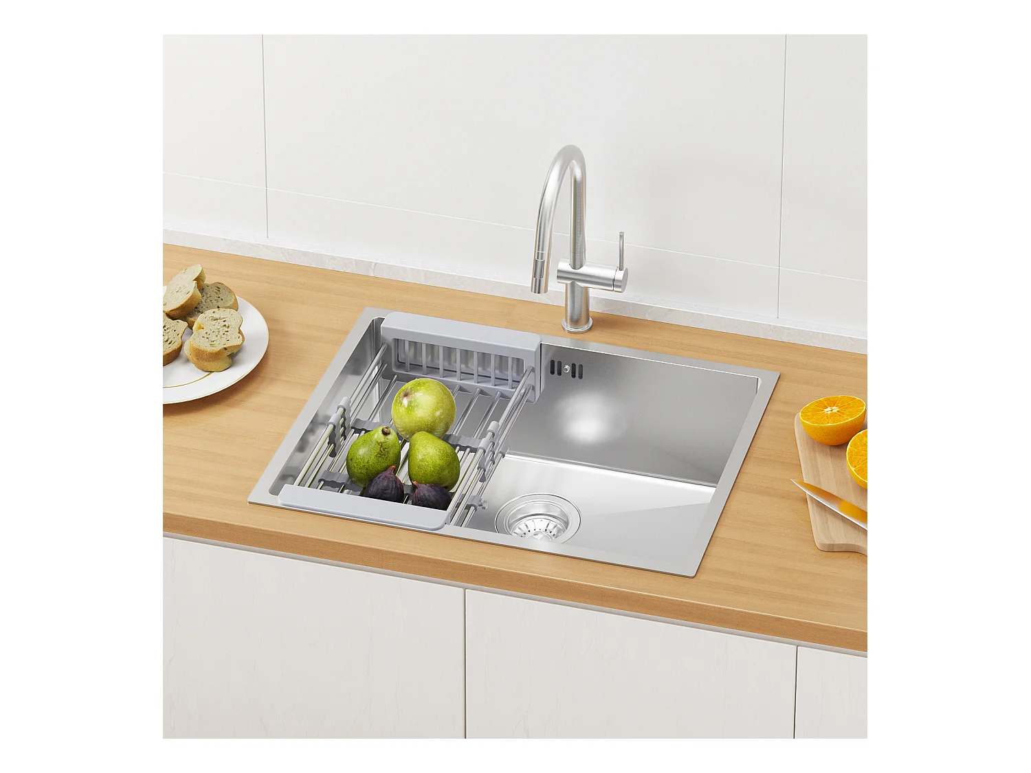 Auralum max Évier de Cuisine 1 Bac 60*44*20CM,Évier 1 Cuve en Acier inoxydable 304,Évier à Encastrer/sous-plan avec Panier de Drainage,Nano Silver