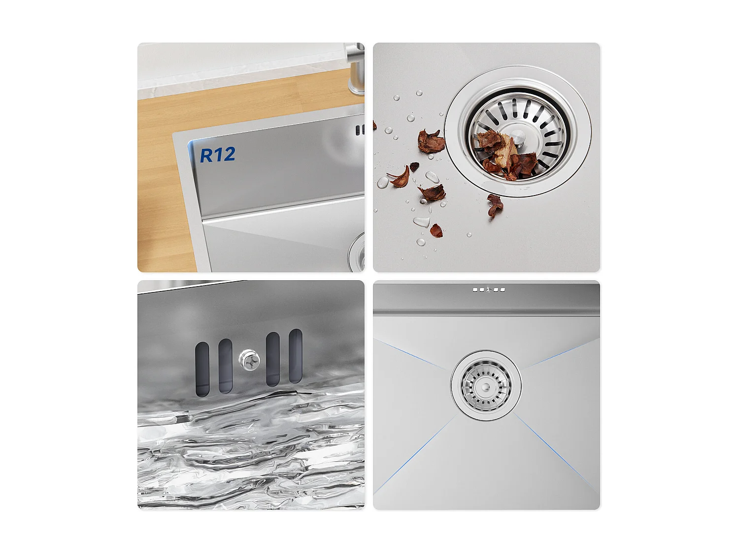 Auralum max Fregadero Cocina 1 Bandeja 60*44*20CM,Fregadero 1 Cubo Acero inoxidable 304,Fregadero empotrado/subplano aveC Cesta drenaje,Nano Silver