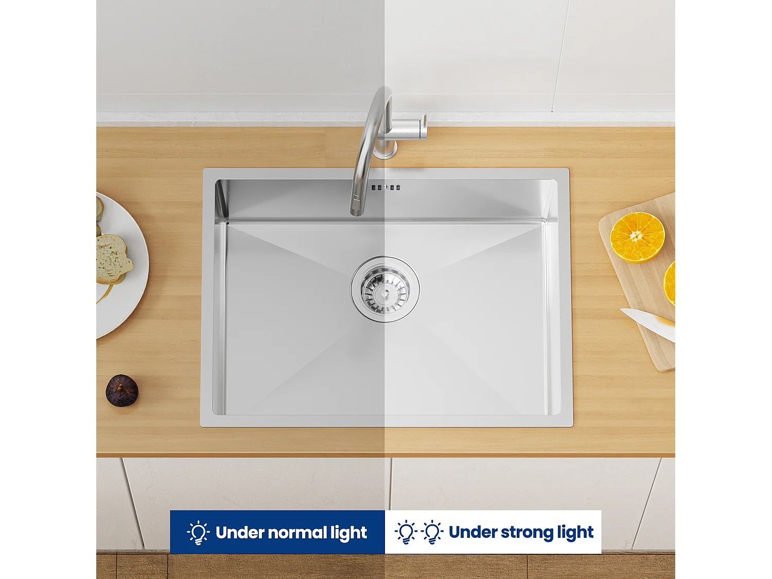 Auralum max Fregadero Cocina 1 Bandeja 60*44*20CM,Fregadero 1 Cubo Acero inoxidable 304,Fregadero empotrado/subplano aveC Cesta drenaje,Nano Silver