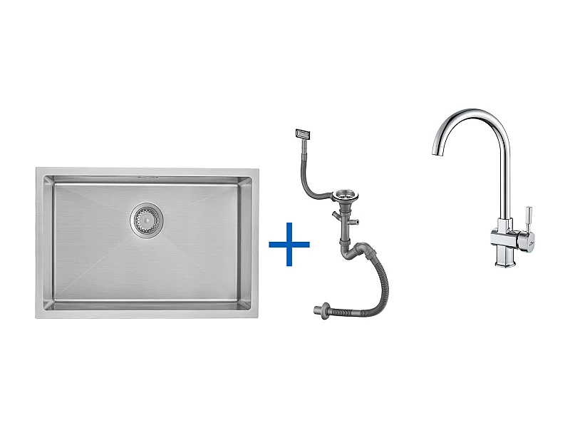 Aanrecht 1 Bak 70*44*19CM,Inbouw/Bloem/Ondergrond,met Sifon/Overloop,Geborsteld+ 360° Draaibare Chromen Keukenkraan Koud/Warm Water