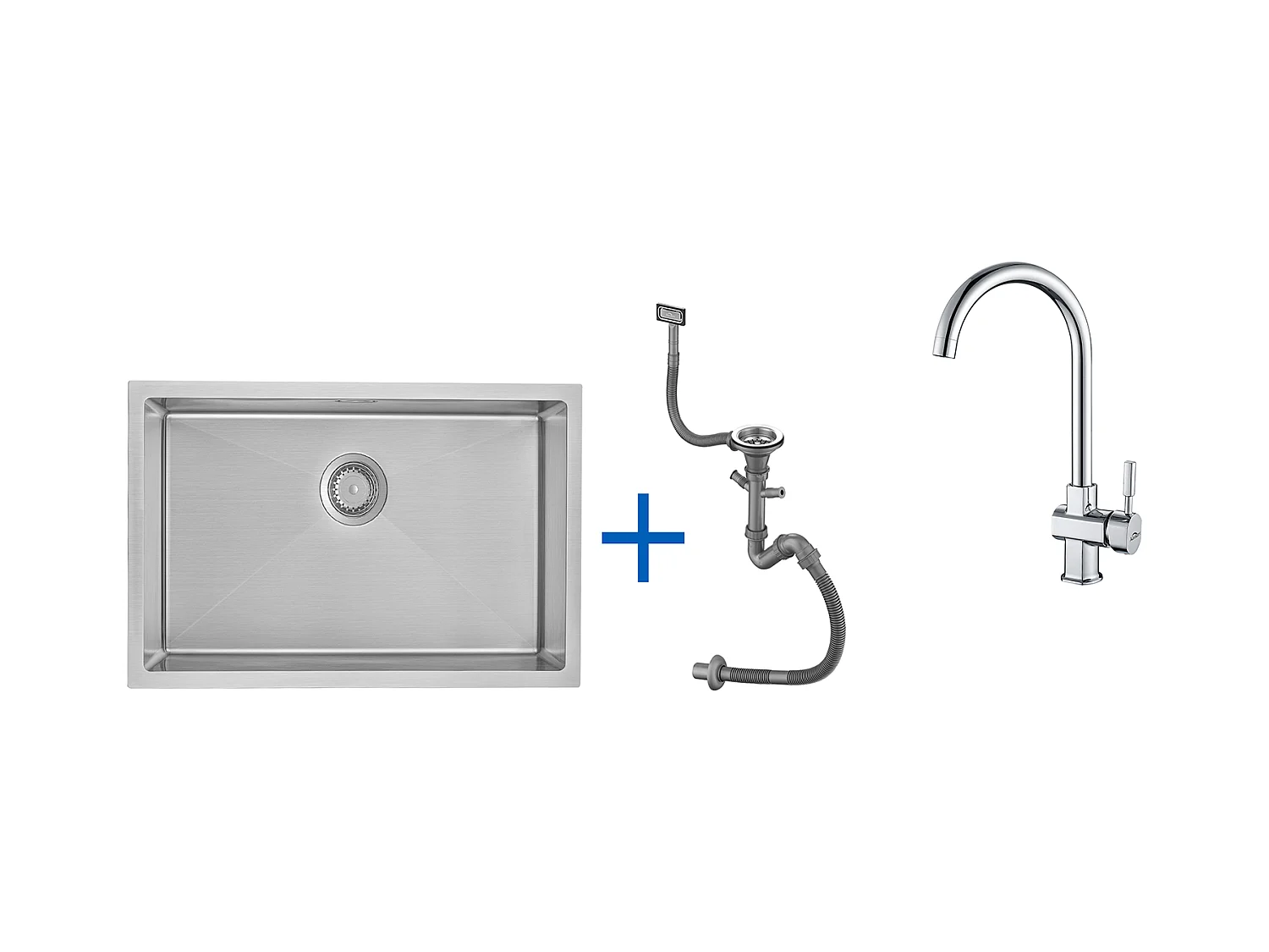 Évier Cuisine 1 Bac 70*44*19CM,à Encastrer/Fleur/Sous-Plan,avec Siphon/Trop-Plein,Brossé+ Robinet de Cuisine Chromé Pivotant à 360° Eau Froide /Chaude