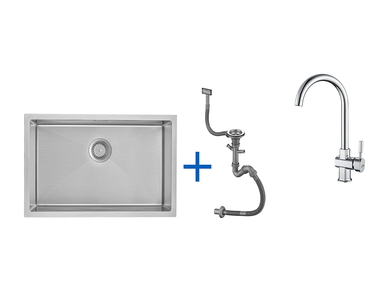 Évier Cuisine 1 Bac 70*44*19CM,à Encastrer/Fleur/Sous-Plan,avec Siphon/Trop-Plein,Brossé+ Robinet de Cuisine Chromé Pivotant à 360° Eau Froide /Chaude