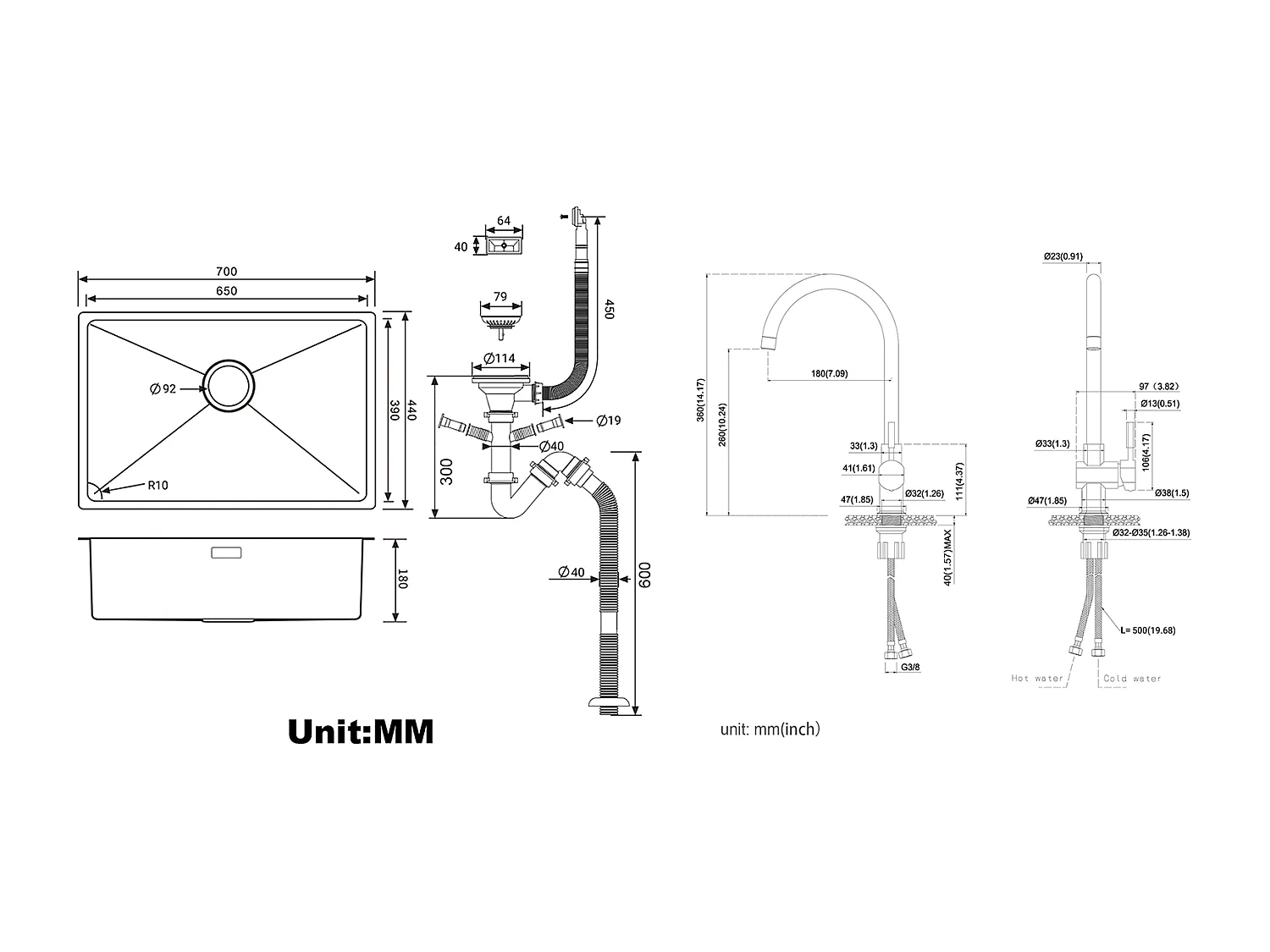 Évier Cuisine 1 Bac 70*44*19CM,à Encastrer/Fleur/Sous-Plan,avec Siphon/Trop-Plein,Brossé+ Robinet de Cuisine Chromé Pivotant à 360° Eau Froide /Chaude
