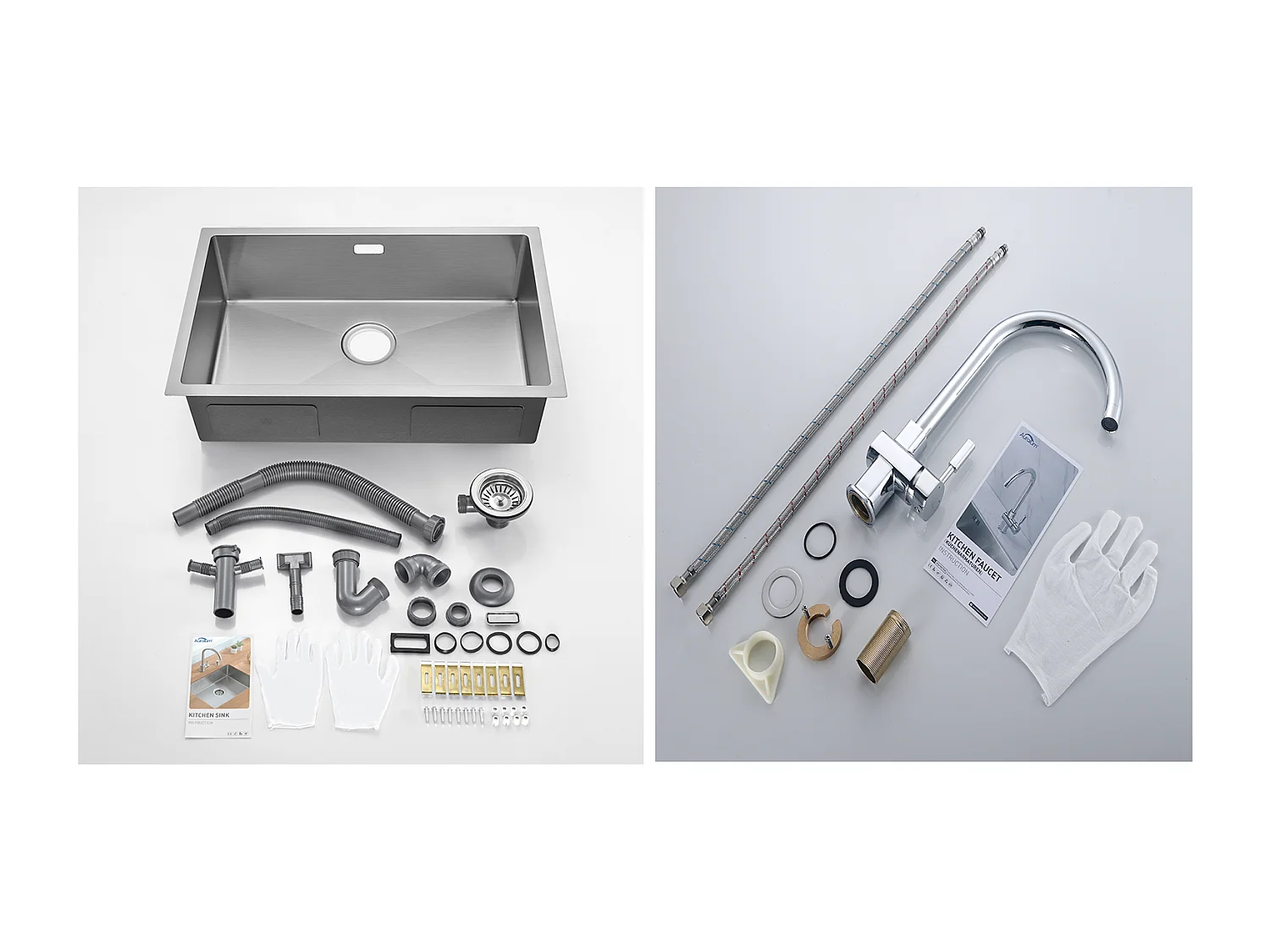 Évier Cuisine 1 Bac 70*44*19CM,à Encastrer/Fleur/Sous-Plan,avec Siphon/Trop-Plein,Brossé+ Robinet de Cuisine Chromé Pivotant à 360° Eau Froide /Chaude