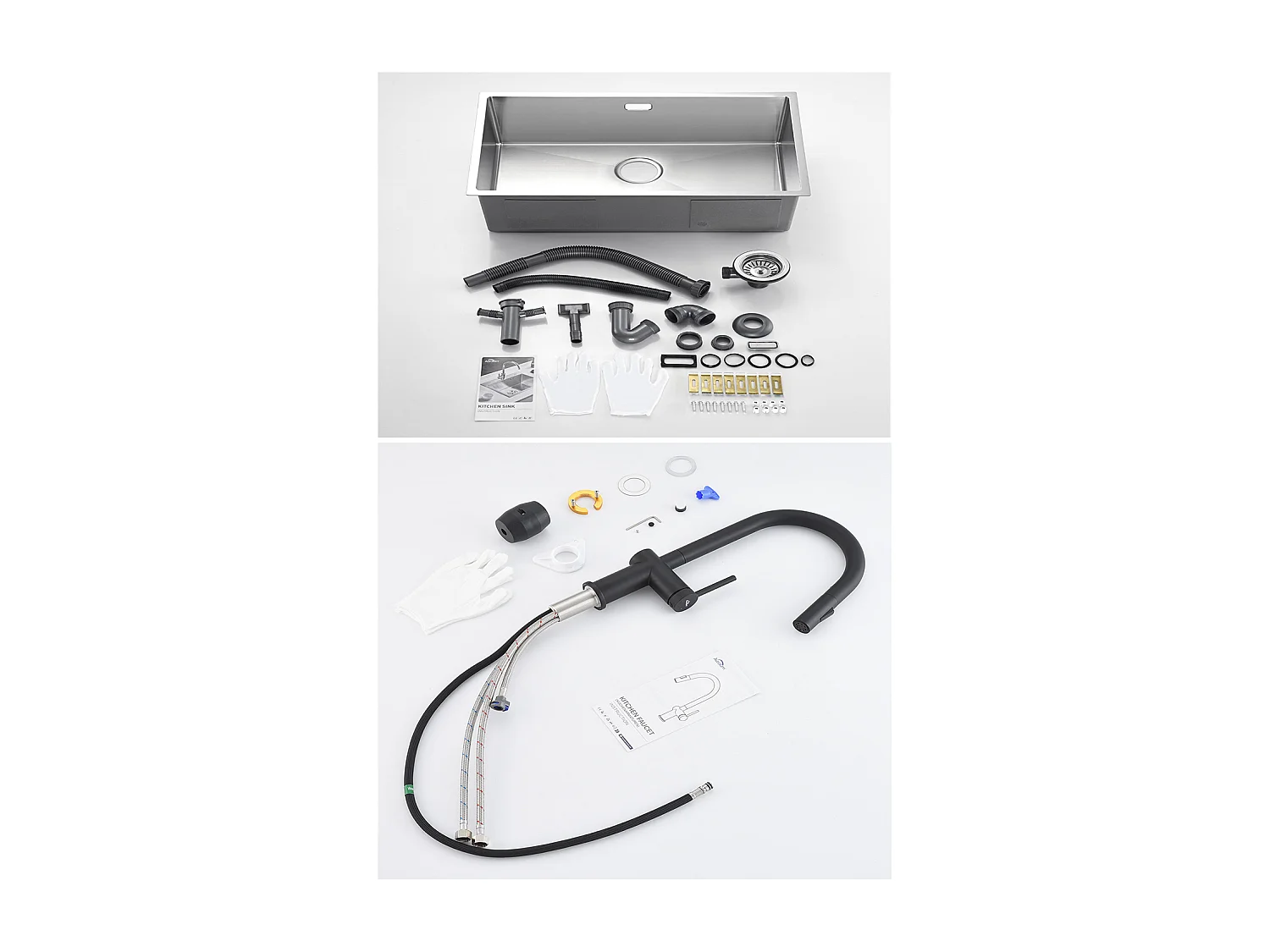 Geborstelde spoelbak 70*44*19cm roestvrij staal, op het aanrecht, inbouw of onder het / intrekbare keukenkraan met twee functies, zwart