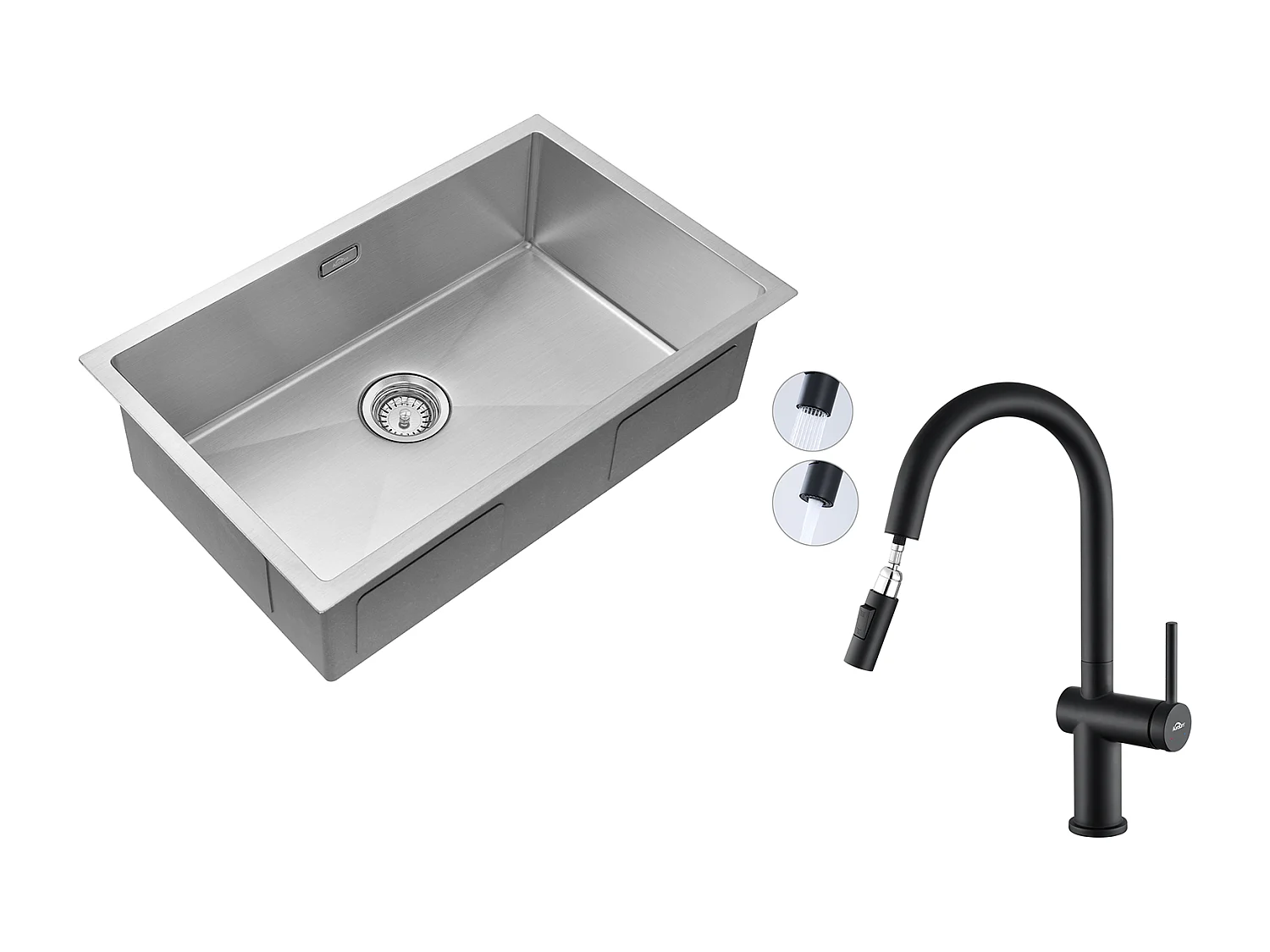 Évier de cuisine Brossé 70*44*19cm inox,sur le plan de travail, encastré ou sous-plan +robinet de cuisine rétractable à deux fonctions, Noir