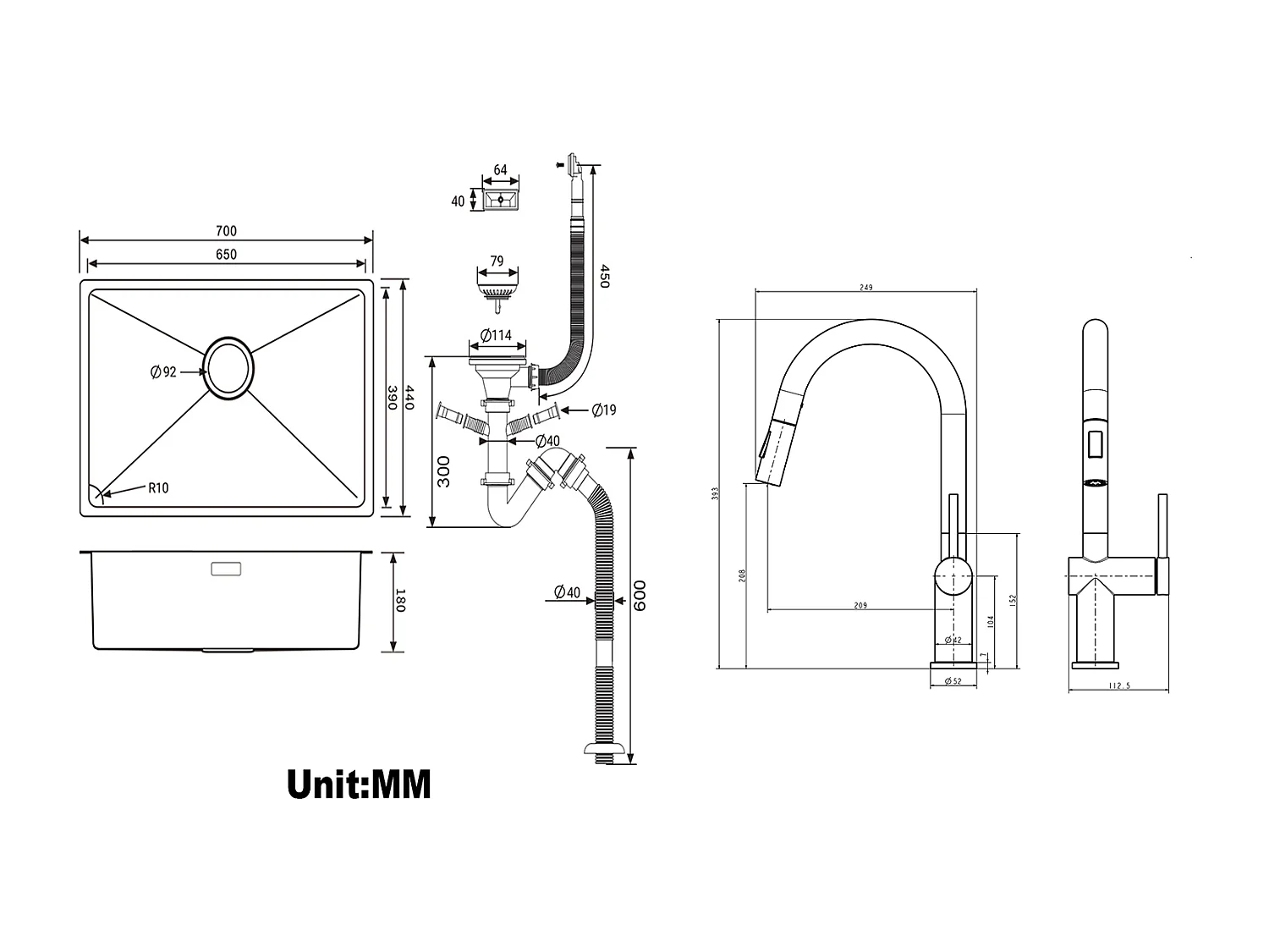 Évier de cuisine Brossé 70*44*19cm inox,sur le plan de travail, encastré ou sous-plan +robinet de cuisine rétractable à deux fonctions, Noir