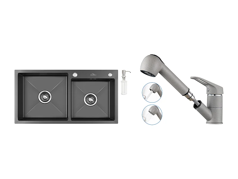 Évier de Cuisine 2 Bac Noir,75x45x19cm, Encastré/ à Poser avec Distributeur de Savon+Robinet Cuisine (Gris) avec Douchette Extractible 2 Jets