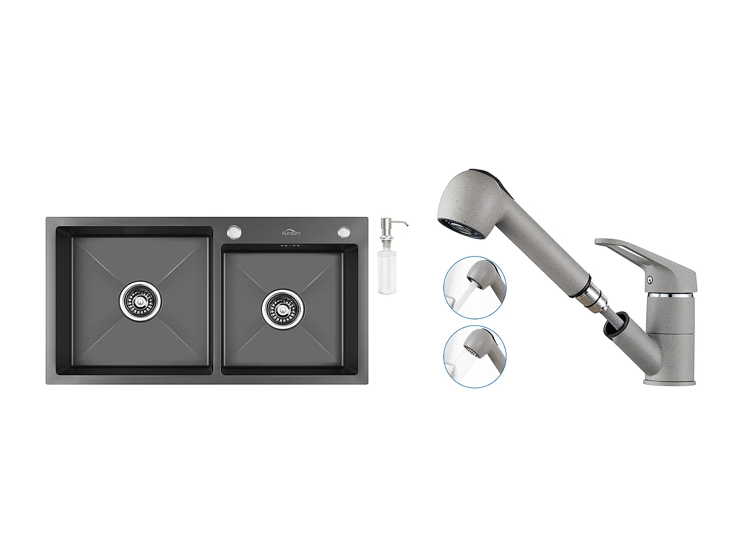 Évier de Cuisine 2 Bac Noir,75x45x19cm, Encastré/ à Poser avec Distributeur de Savon+Robinet Cuisine (Gris) avec Douchette Extractible 2 Jets