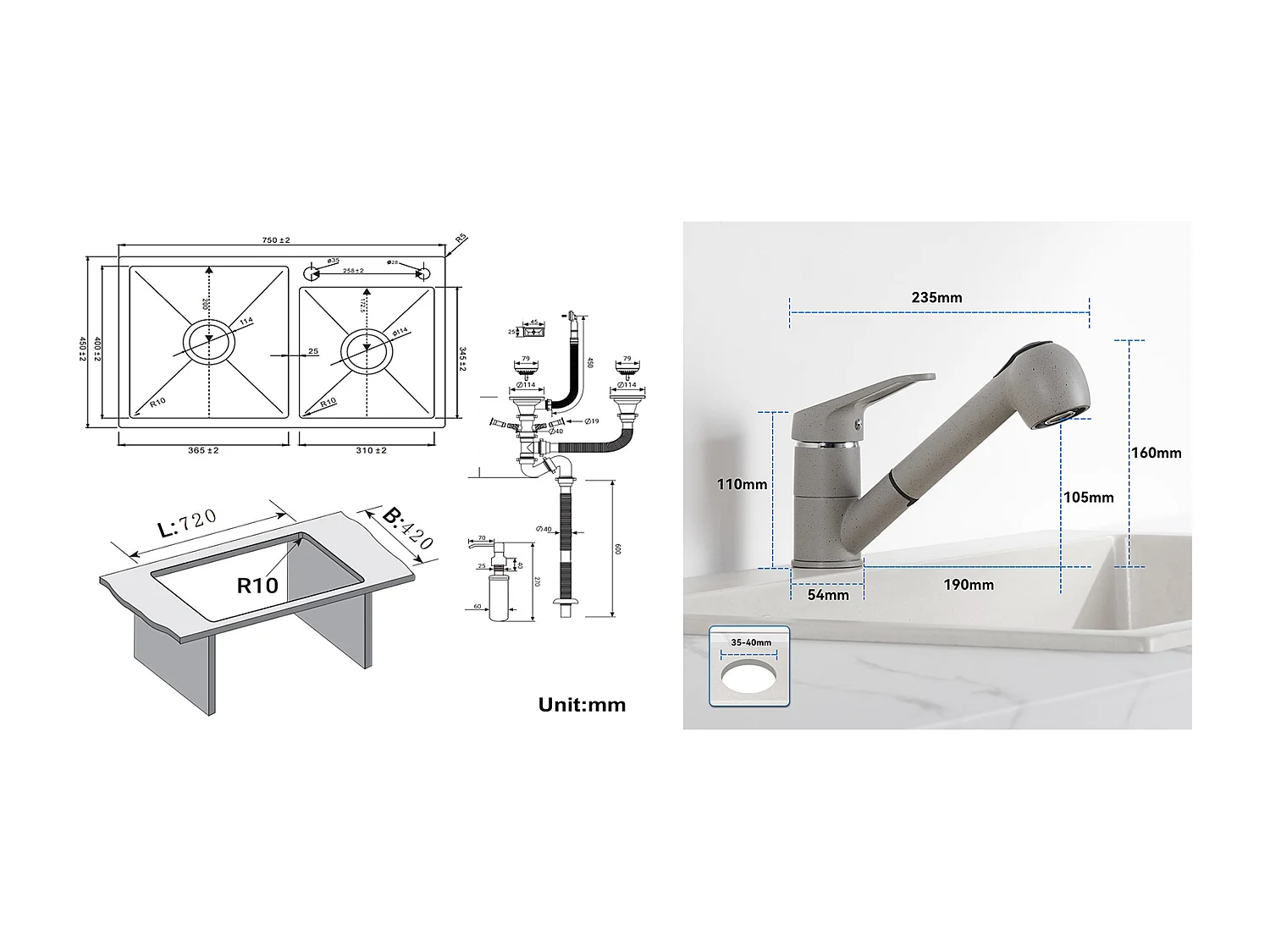 Évier de Cuisine 2 Bac Noir,75x45x19cm, Encastré/ à Poser avec Distributeur de Savon+Robinet Cuisine (Gris) avec Douchette Extractible 2 Jets