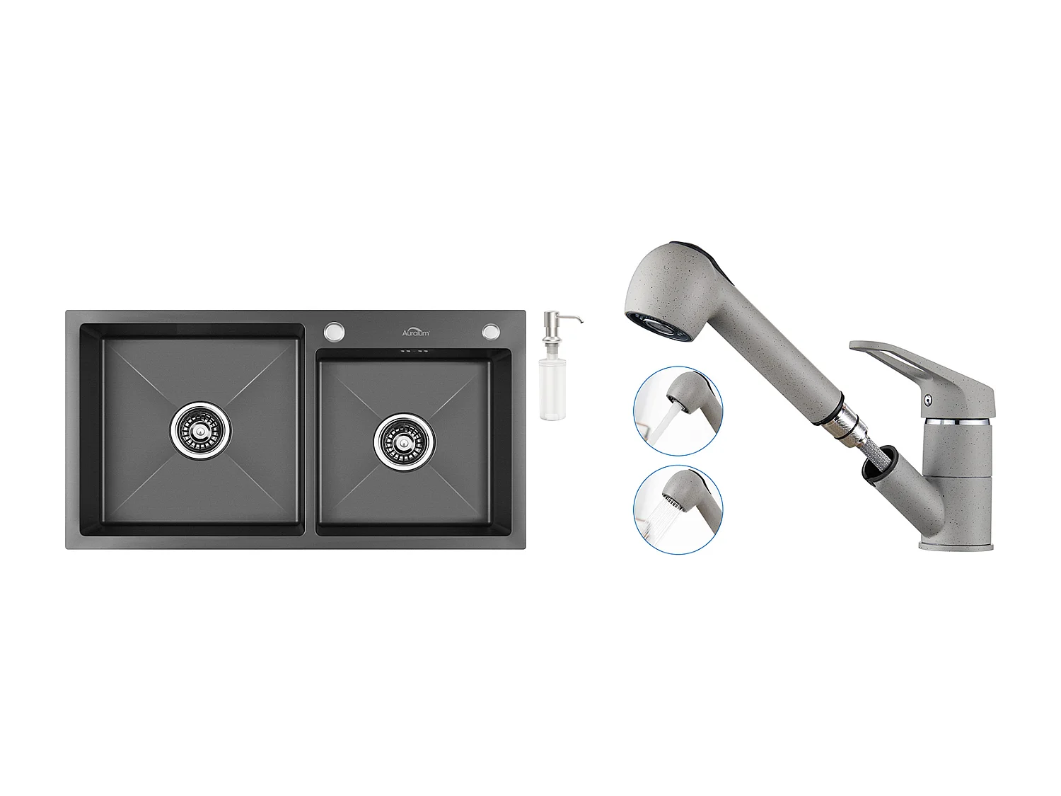 Évier de Cuisine 2 Bac Noir,75x45x19cm, Encastré/ à Poser avec Distributeur de Savon+Robinet Cuisine (Gris) avec Douchette Extractible 2 Jets