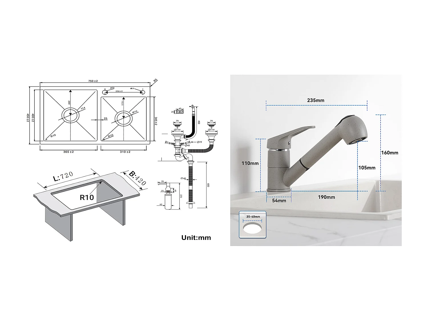 Évier de Cuisine 2 Bac Noir,75x45x19cm, Encastré/ à Poser avec Distributeur de Savon+Robinet Cuisine (Gris) avec Douchette Extractible 2 Jets