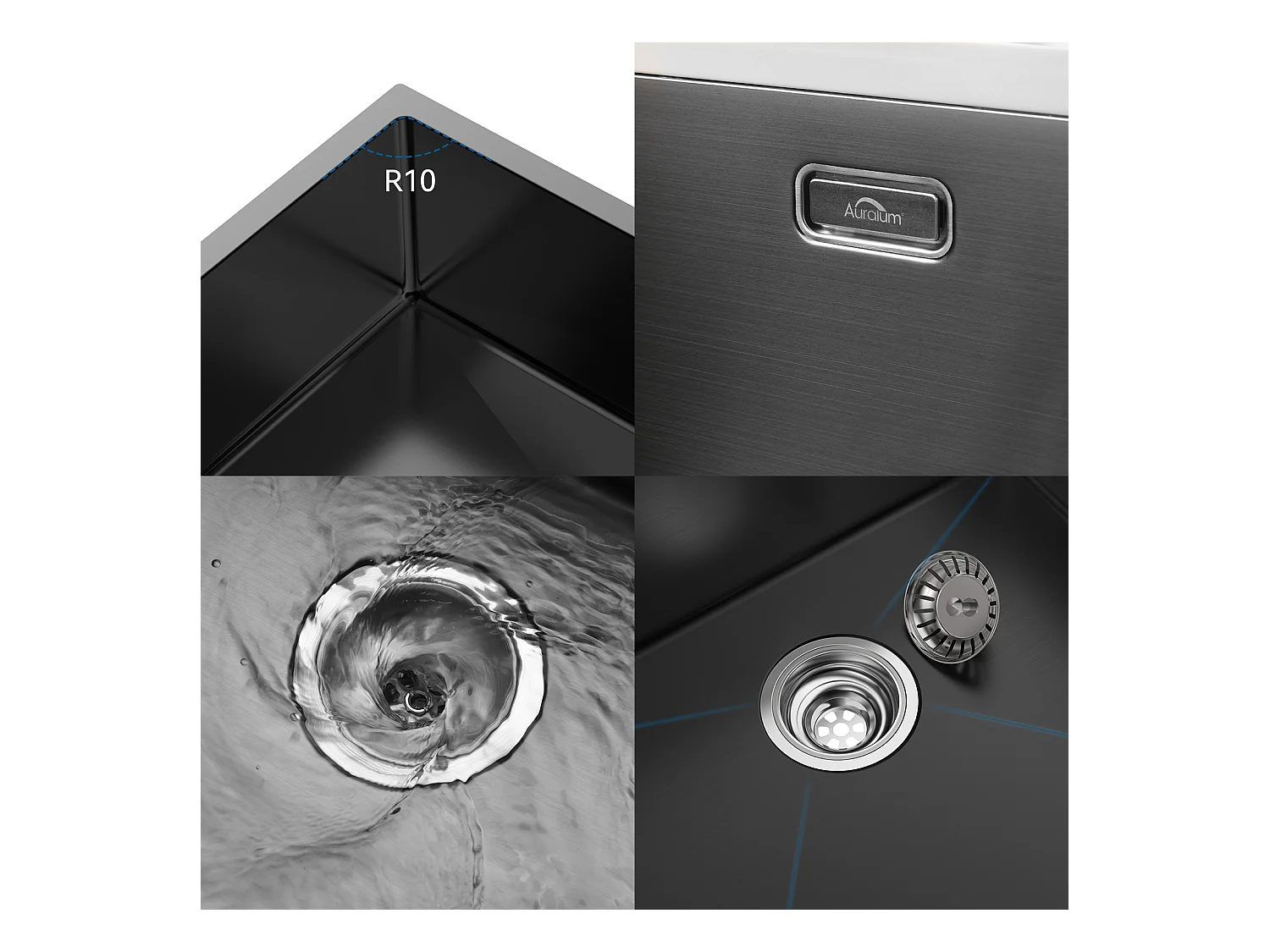 AuraLum Max Aanrecht 1 Bak Roestvrij Staal 65x45CM Inbouw en Opzetbare Spoelbak Met Kraan Montagegat, Zwart, EU Model