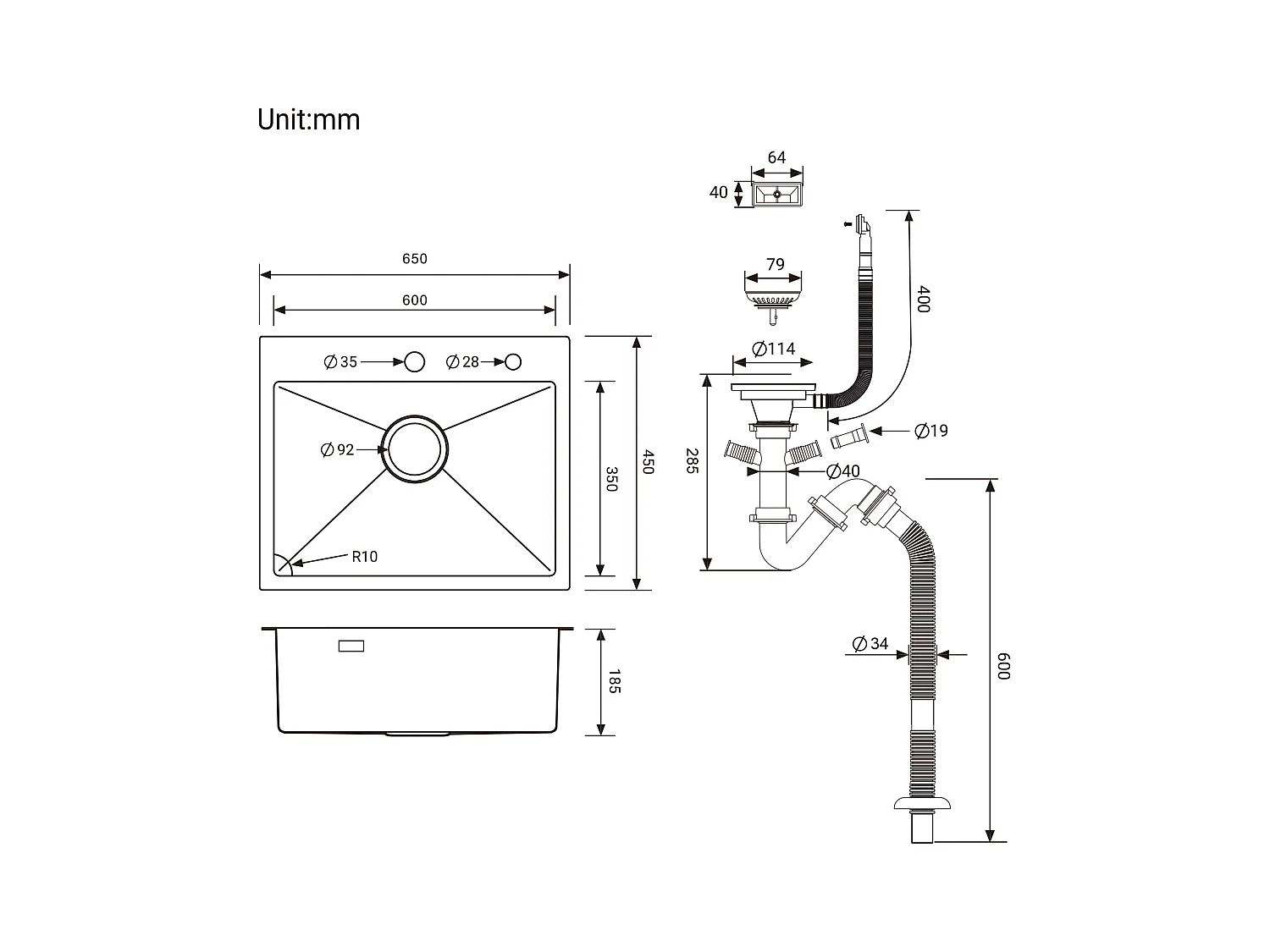 AuraLum Max Aanrecht 1 Bak Roestvrij Staal 65x45CM Inbouw en Opzetbare Spoelbak Met Kraan Montagegat, Zwart, EU Model