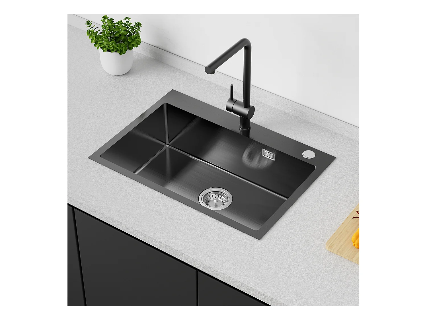 AuraLum Max Aanrecht 1 Bak Roestvrij Staal 65x45CM Inbouw en Opzetbare Spoelbak Met Kraan Montagegat, Zwart, EU Model