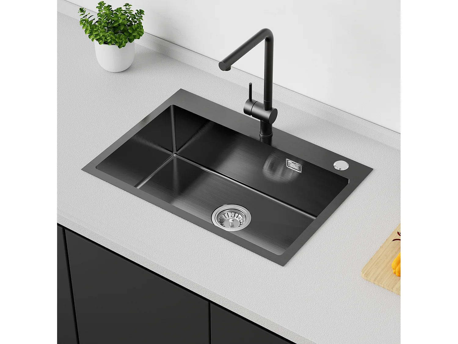 AuraLum Max Aanrecht 1 Bak Roestvrij Staal 65x45CM Inbouw en Opzetbare Spoelbak Met Kraan Montagegat, Zwart, EU Model