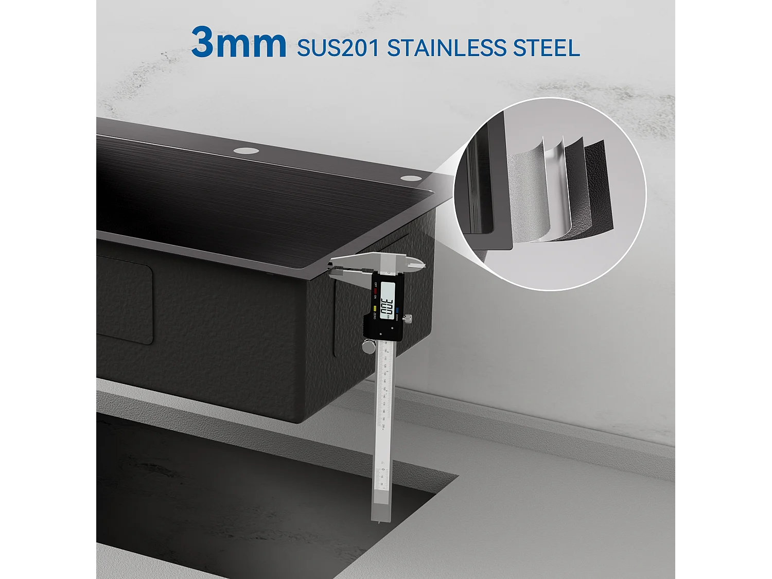 AuraLum Max Aanrecht 1 Bak Roestvrij Staal 65x45CM Inbouw en Opzetbare Spoelbak Met Kraan Montagegat, Zwart, EU Model