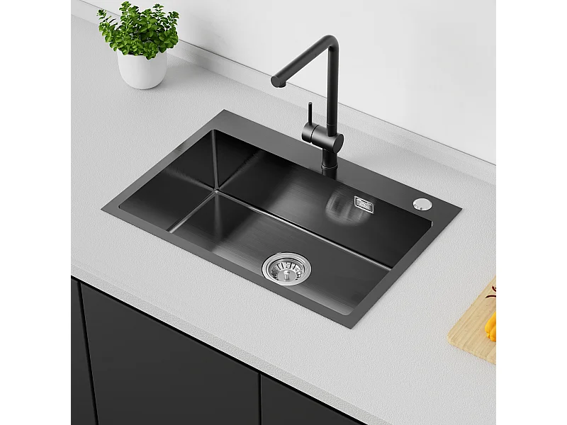 AuraLum Max Aanrecht 1 Bak Roestvrij Staal 65x45CM Inbouw en Opzetbare Spoelbak Met Kraan Montagegat, Zwart, EU Model