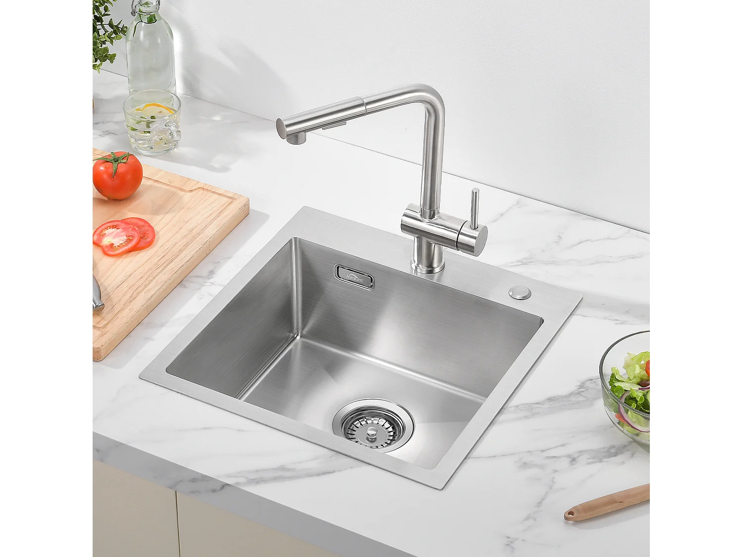 Aanrecht 1 bak 45x45CM RVS 304 , inbouw en op te zetten + keukenmengkraan met 360° draaibare uittrekbare handdouche ,chroom