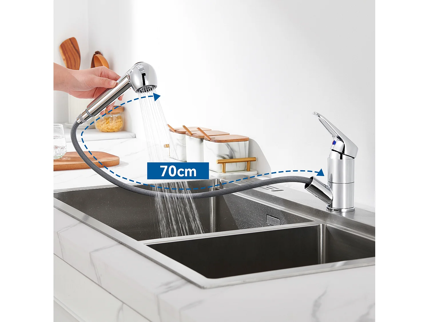 Aanrecht 1 bak 45x45CM RVS 304 , inbouw en op te zetten + keukenmengkraan met 360° draaibare uittrekbare handdouche ,chroom