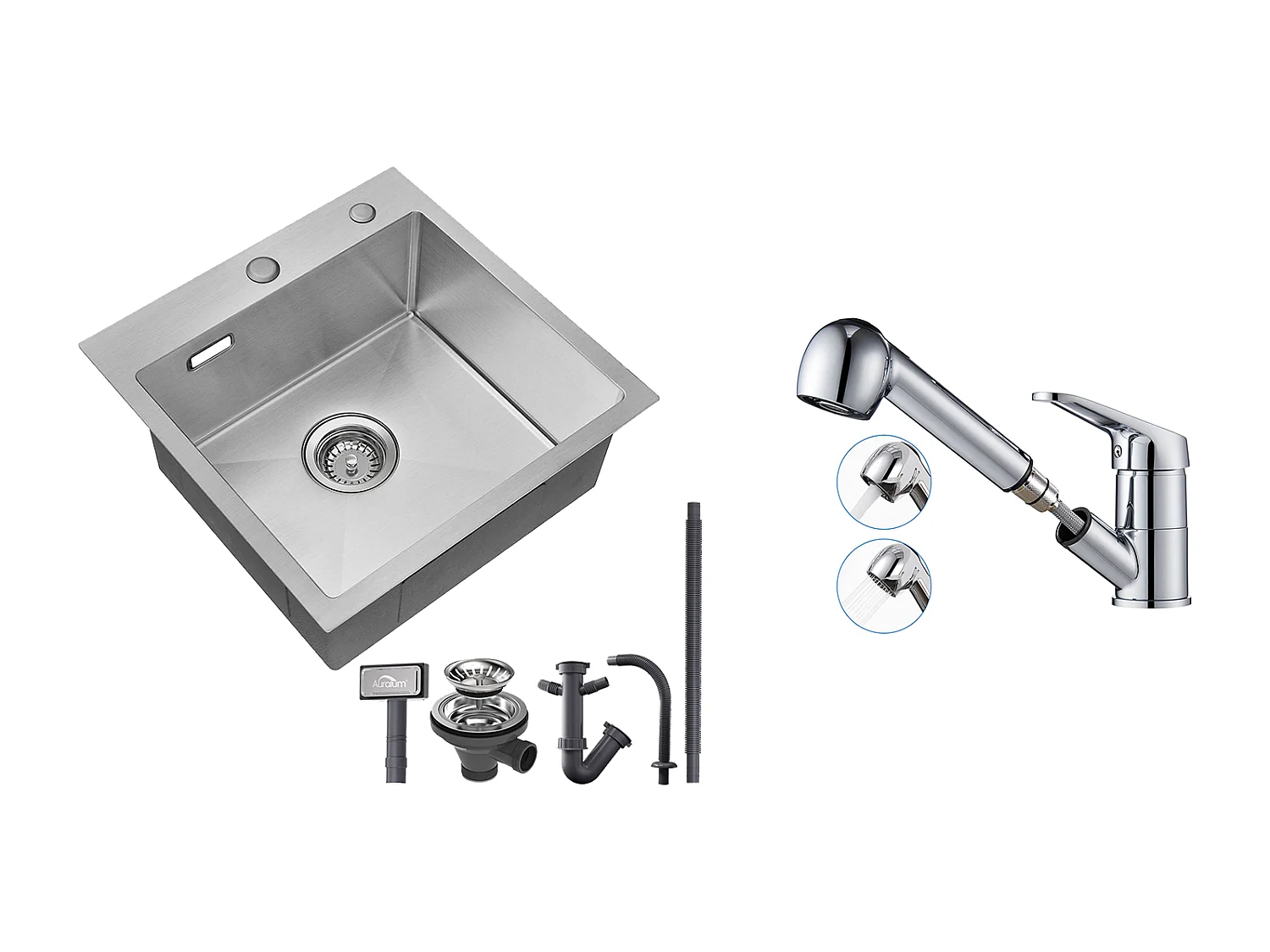 Évier Cuisine 1 Bac 45x45CM Acier Inoxydable 304 ,encastré et à Poser+Mitigeur Cuisine avec Douchette Extractible Rotatif 360° ,Chromé