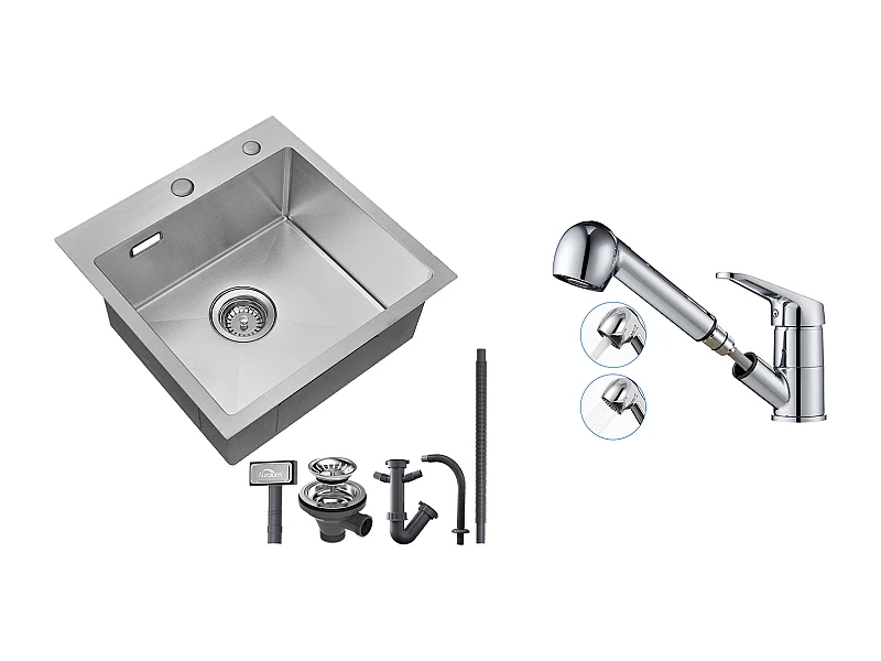 Évier Cuisine 1 Bac 45x45CM Acier Inoxydable 304 ,encastré et à Poser+Mitigeur Cuisine avec Douchette Extractible Rotatif 360° ,Chromé